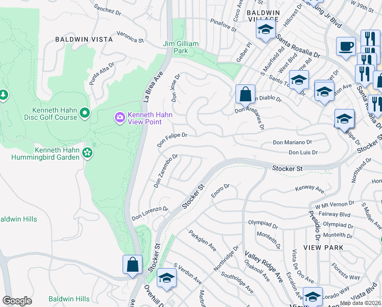 map of restaurants, bars, coffee shops, grocery stores, and more near 4445 Don Zarembo Drive in Los Angeles
