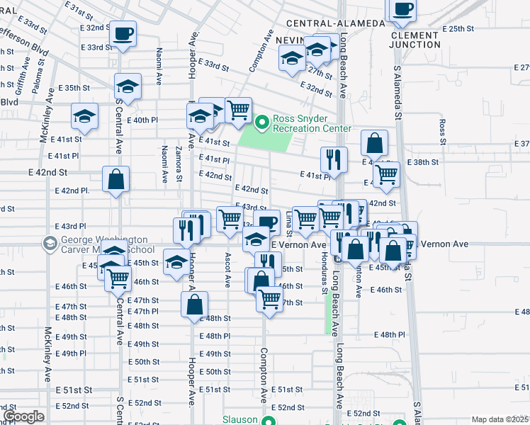 map of restaurants, bars, coffee shops, grocery stores, and more near 1485 East 43rd Place in Los Angeles