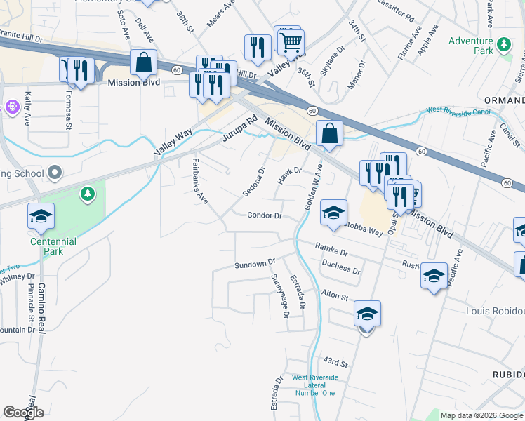 map of restaurants, bars, coffee shops, grocery stores, and more near 6770 Condor Drive in Riverside