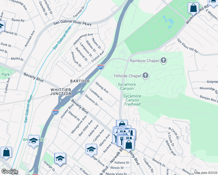 map of restaurants, bars, coffee shops, grocery stores, and more near 10343 Strong Avenue in Whittier