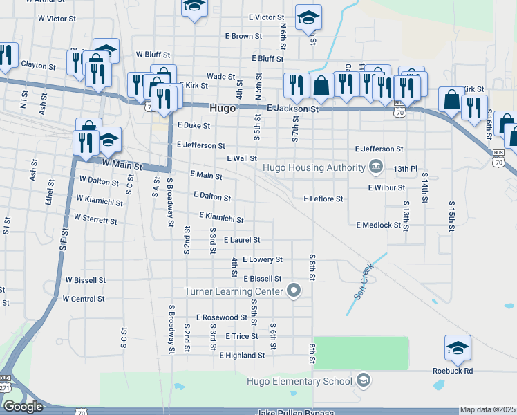map of restaurants, bars, coffee shops, grocery stores, and more near 512 South 5th Street in Hugo