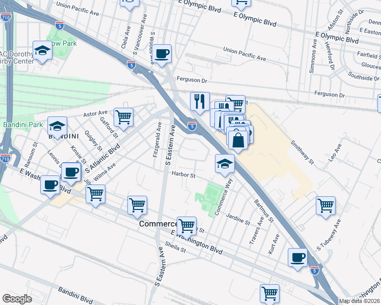 map of restaurants, bars, coffee shops, grocery stores, and more near 5546 Pueblo Court in Commerce