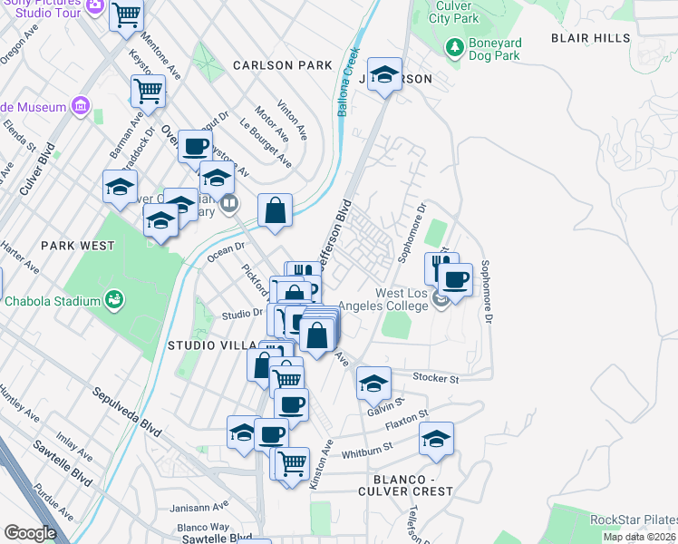 map of restaurants, bars, coffee shops, grocery stores, and more near 8210 Summertime Lane in Culver City