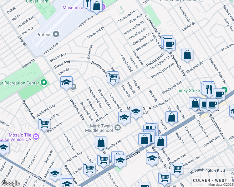 map of restaurants, bars, coffee shops, grocery stores, and more near 3529 Beethoven Street in Los Angeles