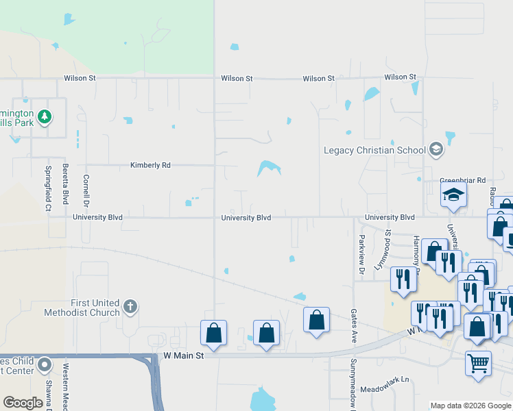 map of restaurants, bars, coffee shops, grocery stores, and more near 4602 University Boulevard in Durant