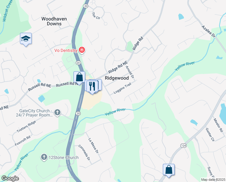map of restaurants, bars, coffee shops, grocery stores, and more near 745 Loggins Trail in Lawrenceville