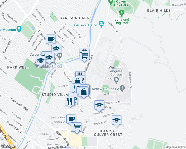 map of restaurants, bars, coffee shops, grocery stores, and more near 3000 Summertime Lane in Culver City