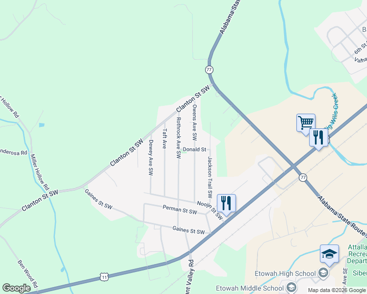 map of restaurants, bars, coffee shops, grocery stores, and more near 643 Rothrock Avenue Southwest in Attalla