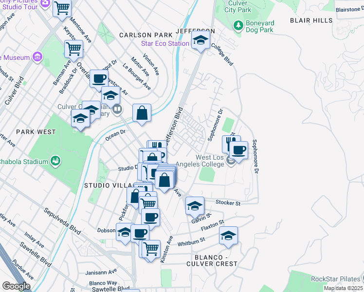 map of restaurants, bars, coffee shops, grocery stores, and more near 7205 Summertime Lane in Culver City