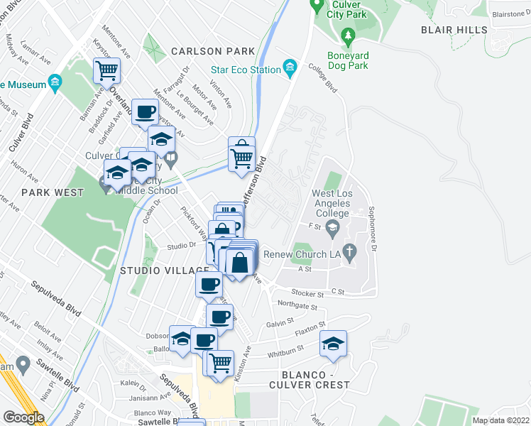 map of restaurants, bars, coffee shops, grocery stores, and more near 3000 Summertime Lane in Culver City