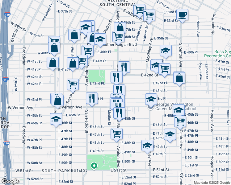 map of restaurants, bars, coffee shops, grocery stores, and more near 4301 Avalon Boulevard in Los Angeles