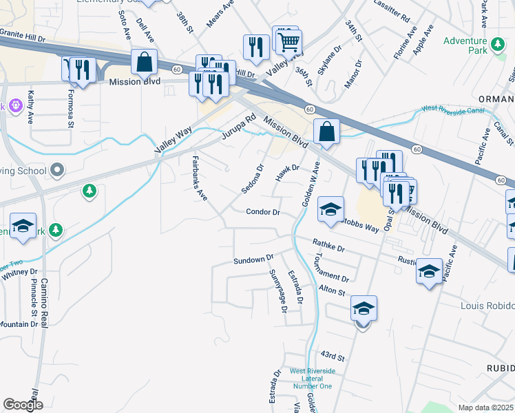 map of restaurants, bars, coffee shops, grocery stores, and more near 6770 Condor Drive in Riverside