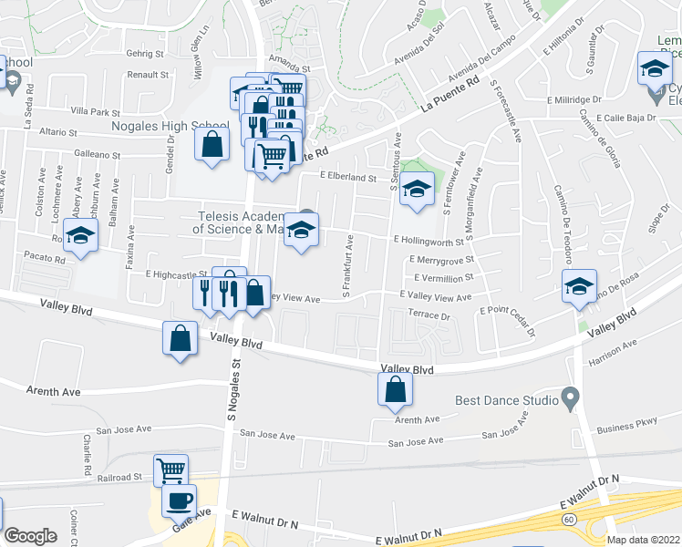map of restaurants, bars, coffee shops, grocery stores, and more near 557 Frankfurt Avenue in West Covina