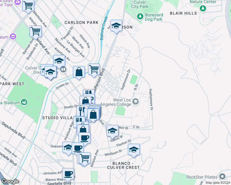 map of restaurants, bars, coffee shops, grocery stores, and more near 5001 Stoney Creek Road in Culver City