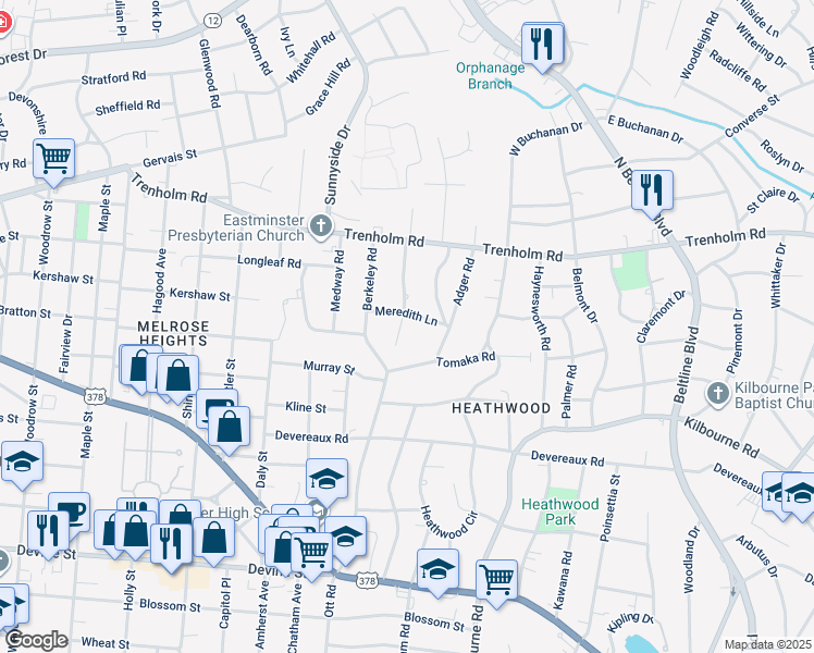 map of restaurants, bars, coffee shops, grocery stores, and more near 1401 Wyndham Road in Columbia