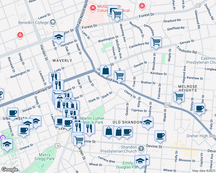 map of restaurants, bars, coffee shops, grocery stores, and more near 988 Heidt Street in Columbia