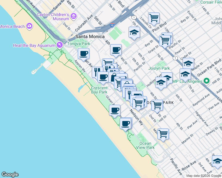 map of restaurants, bars, coffee shops, grocery stores, and more near 2110 Neilson Way in Santa Monica