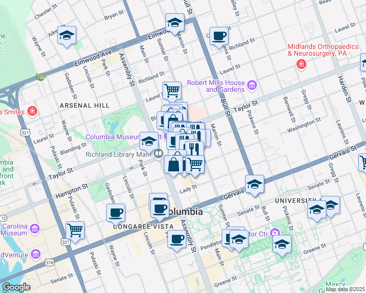 map of restaurants, bars, coffee shops, grocery stores, and more near 1213 Hampton Street in Columbia