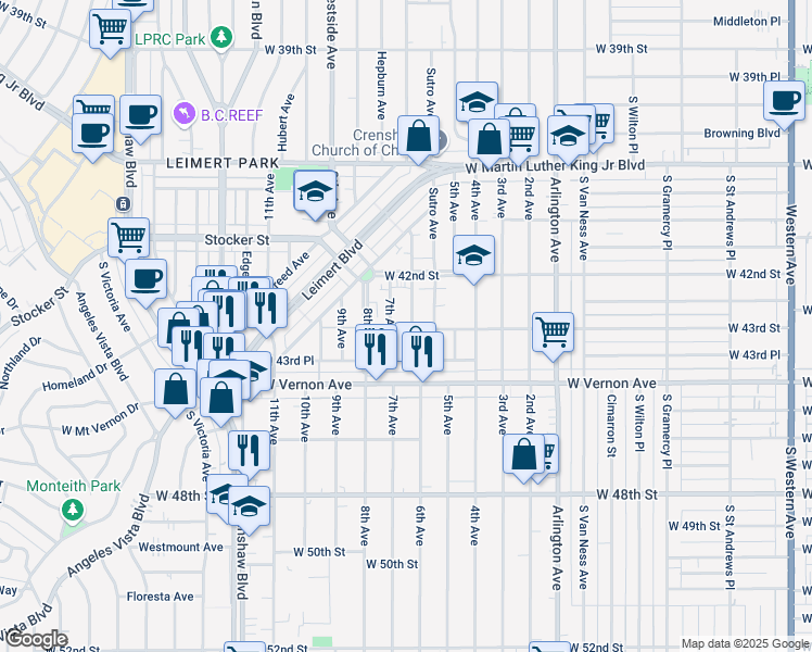 map of restaurants, bars, coffee shops, grocery stores, and more near 4255 6th Avenue in Los Angeles