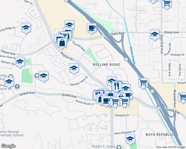 map of restaurants, bars, coffee shops, grocery stores, and more near 13564 Crescent Hill Drive in Chino Hills