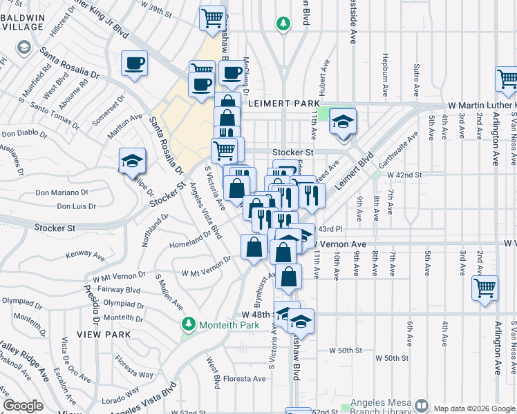 map of restaurants, bars, coffee shops, grocery stores, and more near 4308 Crenshaw Boulevard in Los Angeles