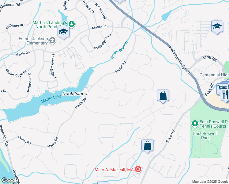 map of restaurants, bars, coffee shops, grocery stores, and more near 2235 Six Branches Drive in Roswell