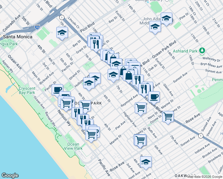 map of restaurants, bars, coffee shops, grocery stores, and more near 150 Ocean Park Place South in Santa Monica