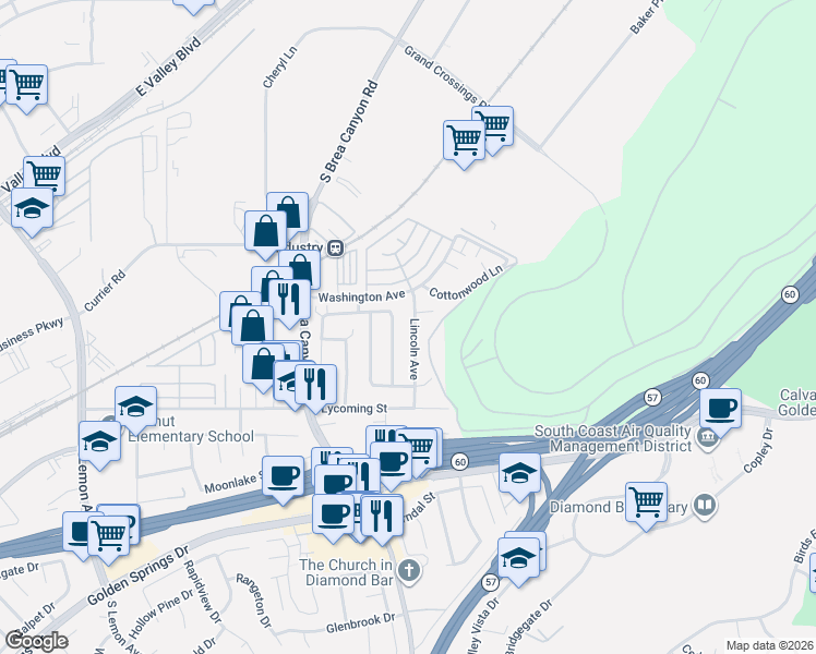 map of restaurants, bars, coffee shops, grocery stores, and more near 733 Lincoln Avenue in Walnut