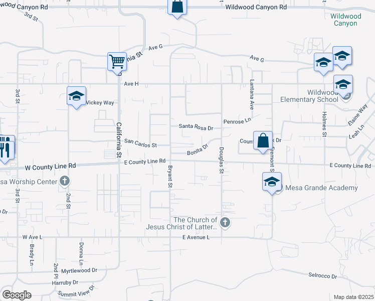 map of restaurants, bars, coffee shops, grocery stores, and more near 35364 Bonita Drive in Yucaipa