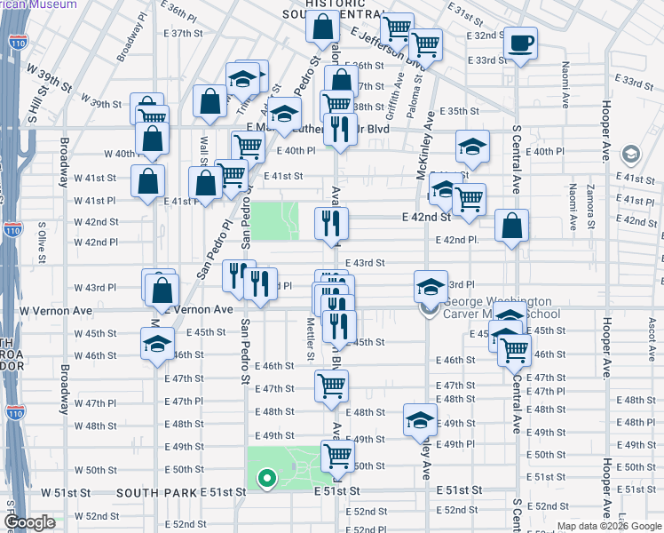 map of restaurants, bars, coffee shops, grocery stores, and more near 4301 Avalon Boulevard in Los Angeles
