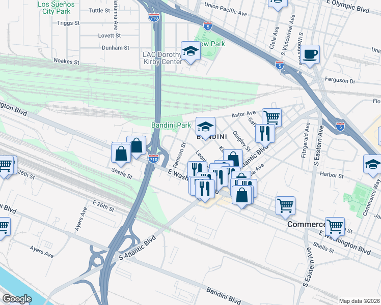 map of restaurants, bars, coffee shops, grocery stores, and more near 2367 Couts Avenue in Commerce