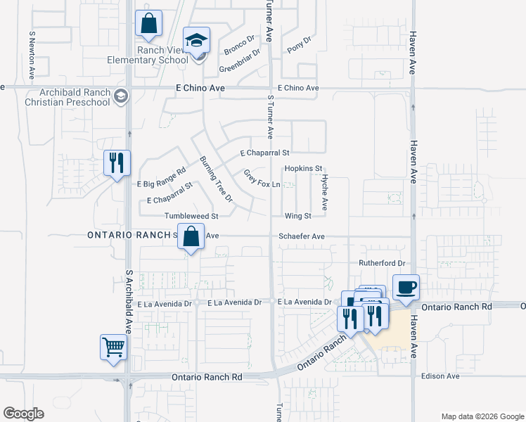 map of restaurants, bars, coffee shops, grocery stores, and more near 3773 Burning Tree Drive in Ontario