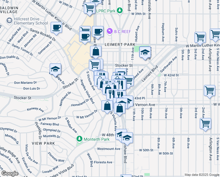 map of restaurants, bars, coffee shops, grocery stores, and more near 4308 Crenshaw Boulevard in Los Angeles