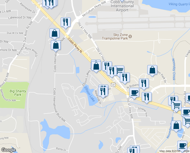 map of restaurants, bars, coffee shops, grocery stores, and more near 1919 Lake Heights Circle in Kennesaw