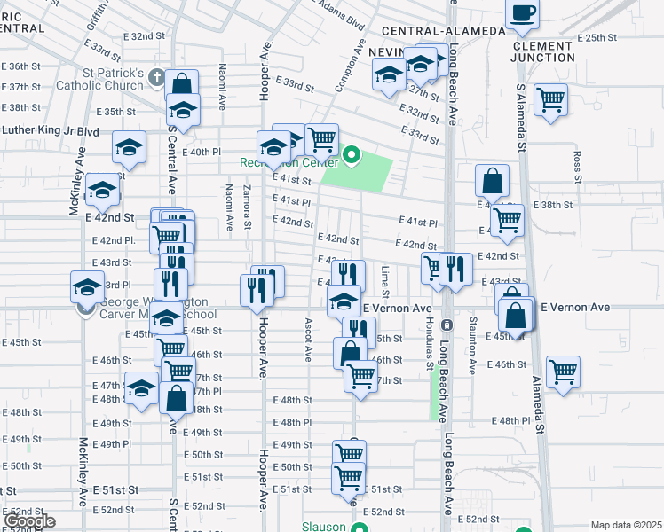 map of restaurants, bars, coffee shops, grocery stores, and more near 1438 East 43rd Street in Los Angeles