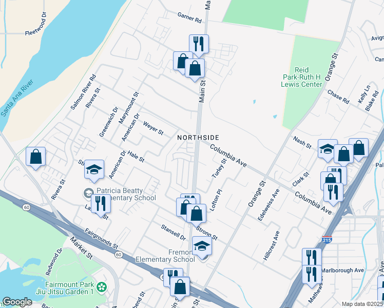 map of restaurants, bars, coffee shops, grocery stores, and more near 1400 Satinwood Court in Riverside