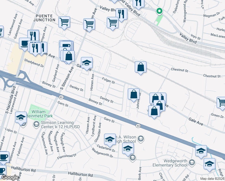 map of restaurants, bars, coffee shops, grocery stores, and more near 16314 Shadybend Drive in Hacienda Heights