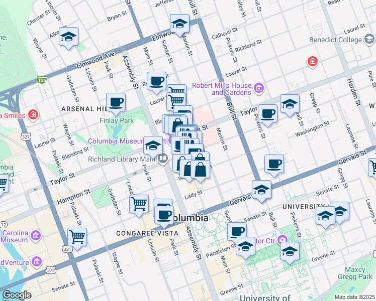 map of restaurants, bars, coffee shops, grocery stores, and more near 1213 Hampton Street in Columbia