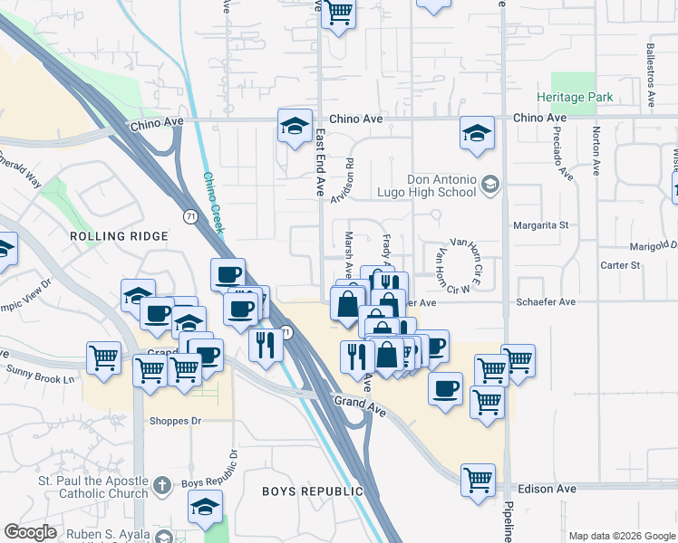 map of restaurants, bars, coffee shops, grocery stores, and more near 13625 Becraft Street in Chino
