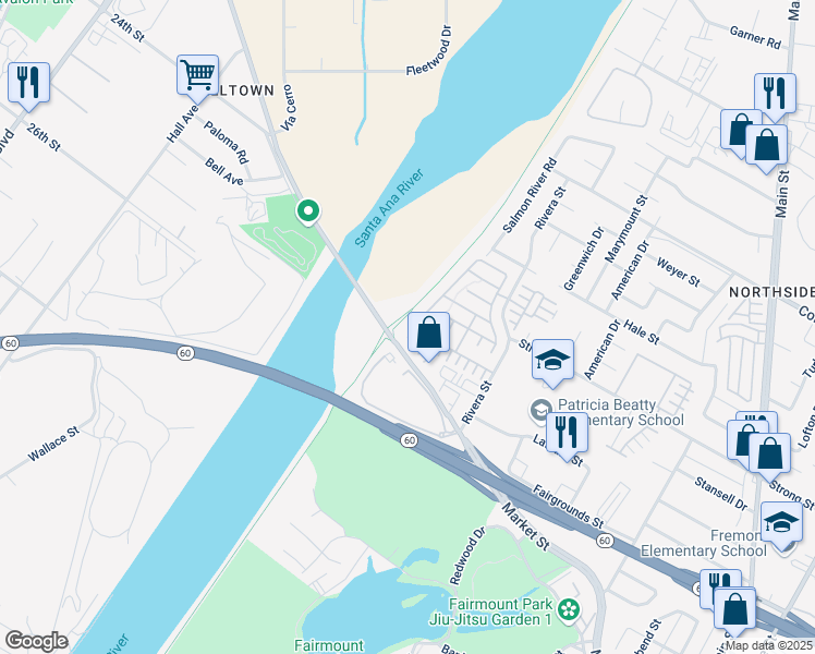 map of restaurants, bars, coffee shops, grocery stores, and more near 1901 Flint Court in Riverside