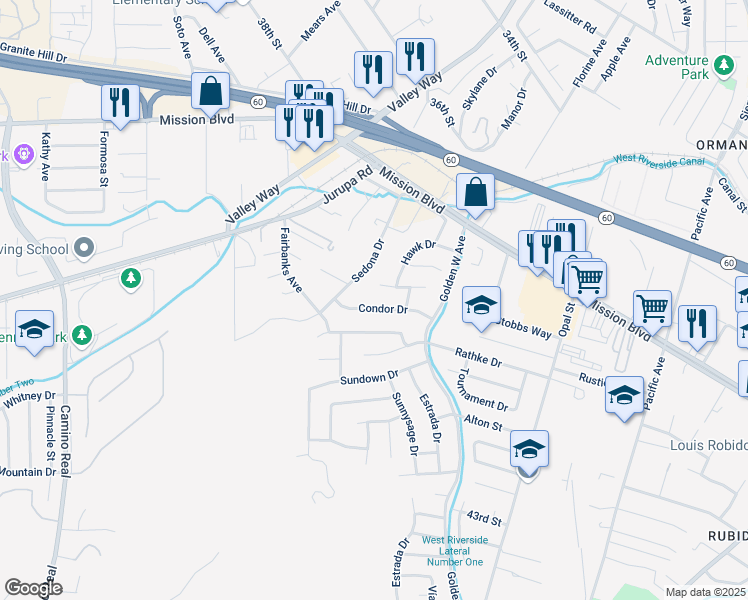map of restaurants, bars, coffee shops, grocery stores, and more near 6770 Condor Drive in Riverside