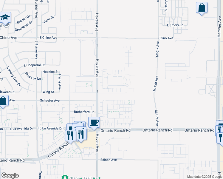 map of restaurants, bars, coffee shops, grocery stores, and more near 3571 E. Moonlight St. in Ontario