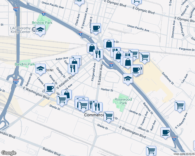 map of restaurants, bars, coffee shops, grocery stores, and more near 2221 South Eastern Avenue in Commerce