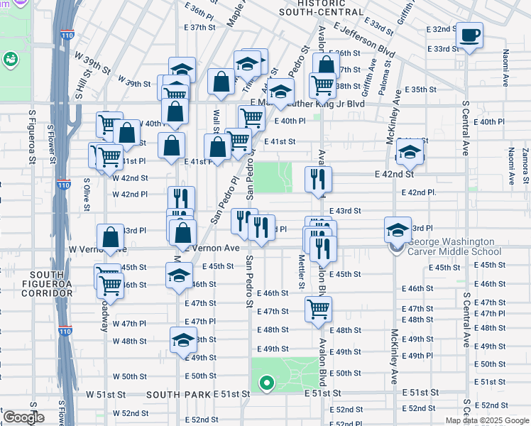 map of restaurants, bars, coffee shops, grocery stores, and more near 287 East 43rd Place in Los Angeles