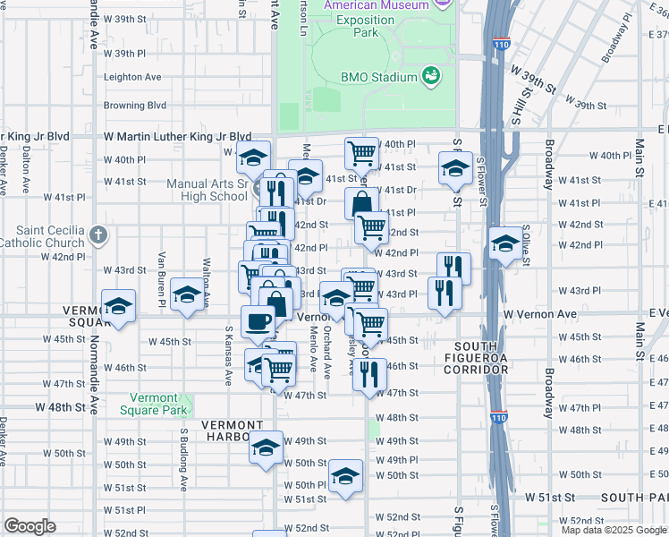 map of restaurants, bars, coffee shops, grocery stores, and more near 831 West 43rd Place in Los Angeles