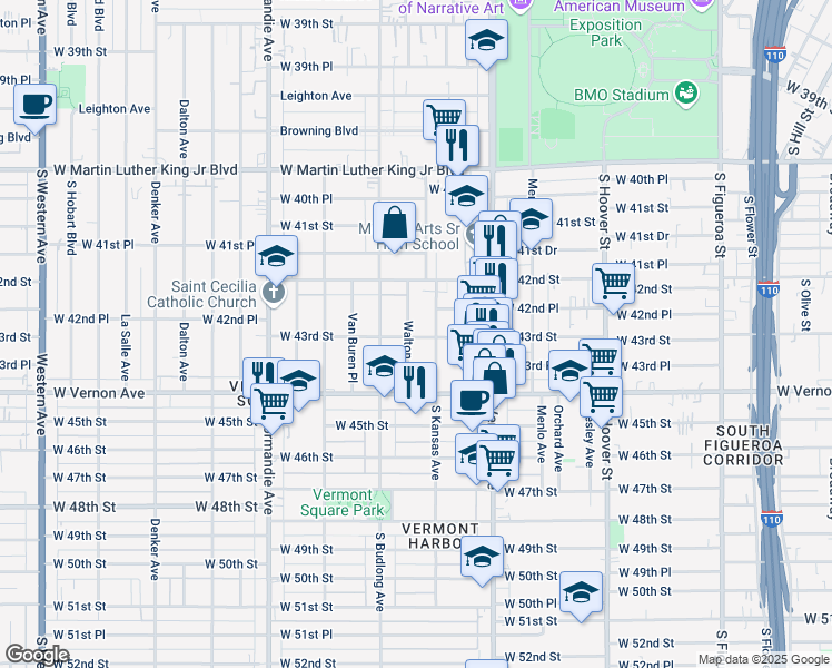 map of restaurants, bars, coffee shops, grocery stores, and more near 4312 Walton Avenue in Los Angeles