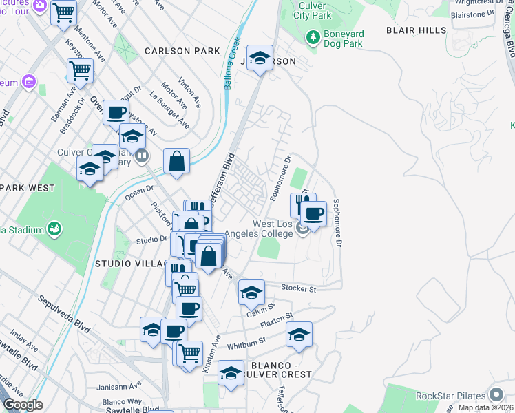 map of restaurants, bars, coffee shops, grocery stores, and more near 4925 Indian Wood Road in Culver City