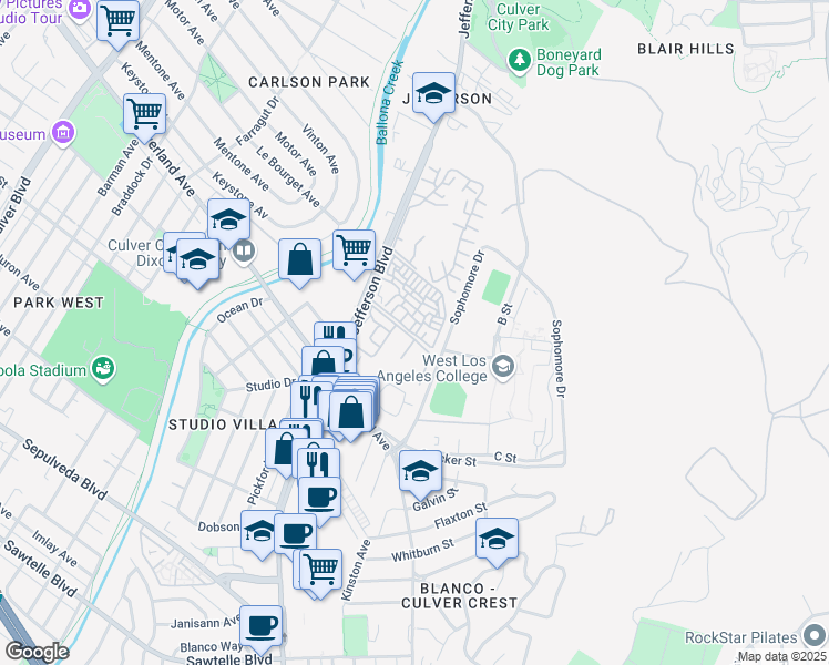 map of restaurants, bars, coffee shops, grocery stores, and more near 3000 Summertime Lane in Culver City