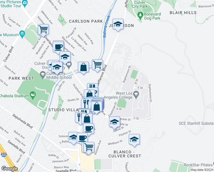 map of restaurants, bars, coffee shops, grocery stores, and more near 3000 Summertime Lane in Culver City