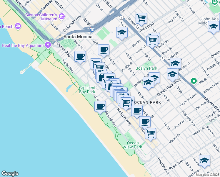 map of restaurants, bars, coffee shops, grocery stores, and more near 2219 Main Street in Santa Monica